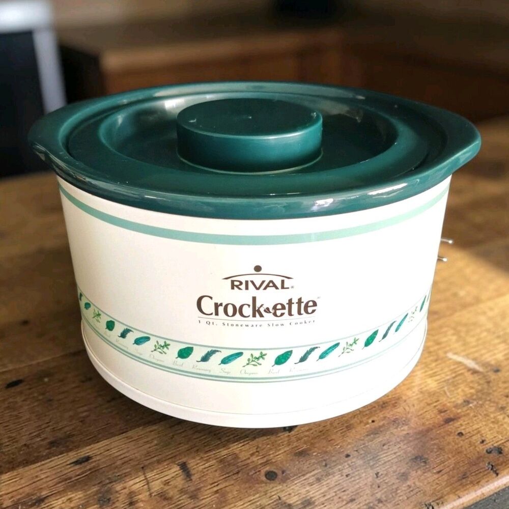 RIVAL CROCKETTE 1 Qt Stoneware Slow Cooker Pot Green Crock Lid Herbs NWOT